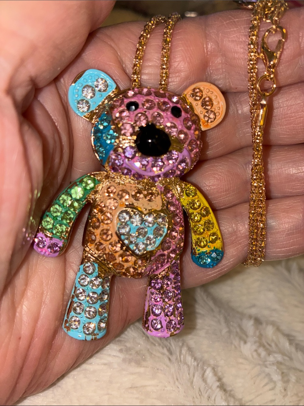Rainbow Crystal Teddy Bear Pendant Necklace - Gold Tone